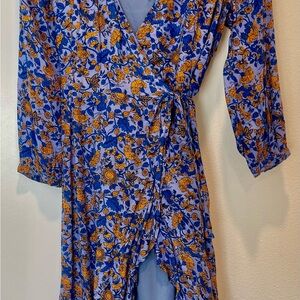 Floral Wrap Dress in Blue and Yellow